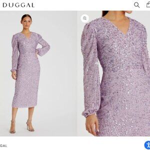 Mac Duggal 107641 Purple Sequin Illusion Puff Sleeve V Neck Midi Dress NWT Sz 10